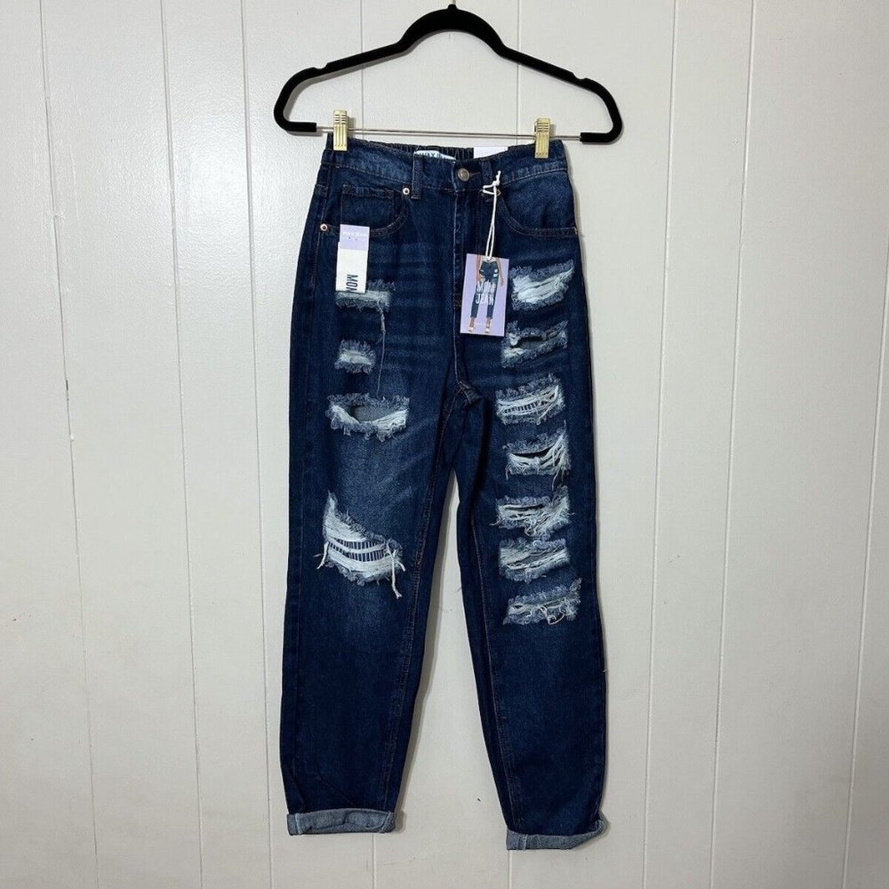 WAX Jeans Distressed Mom Jeans Dark Wash Size S NWT High Rise Trendy Denim